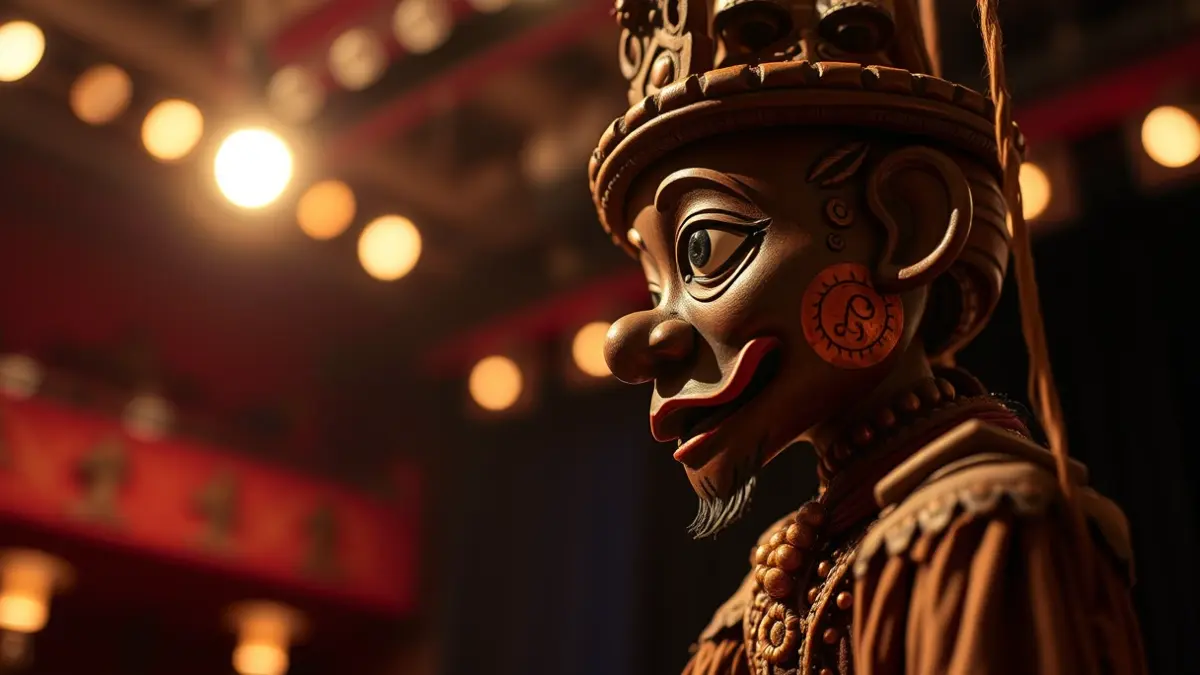 Imatge genèrica d'una marioneta de fusta amb detalls intricats, il·luminada per llums càlides d'escenari.