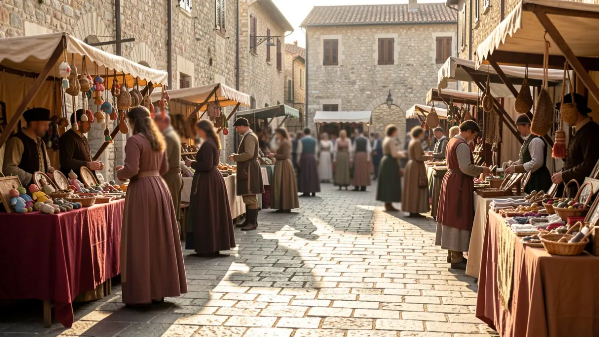 Generic image of a medieval fair with stalls and people in historical costumes.