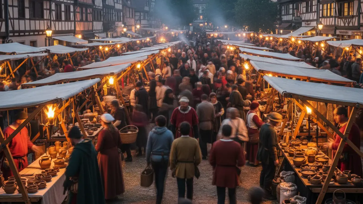 Generic image of a medieval market with stalls and people