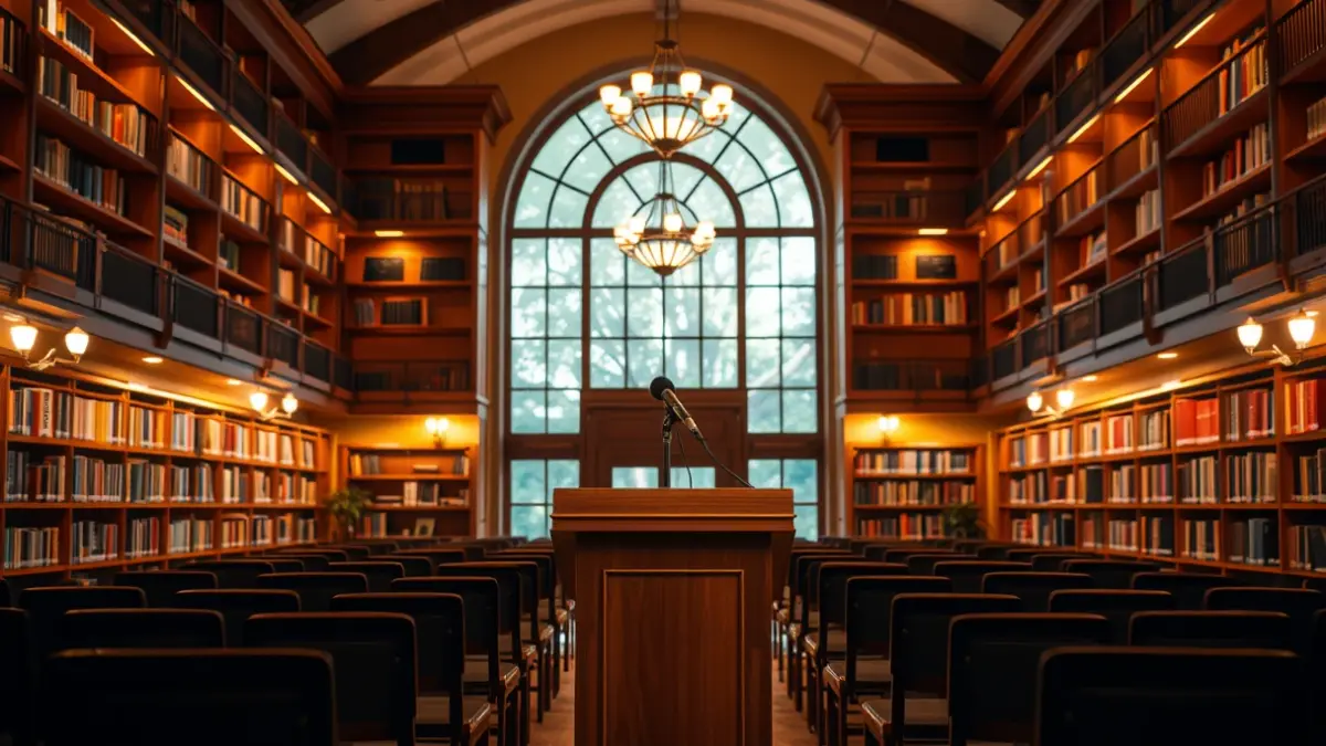 Generic image of a library interior with wooden bookshelves and warm lighting.