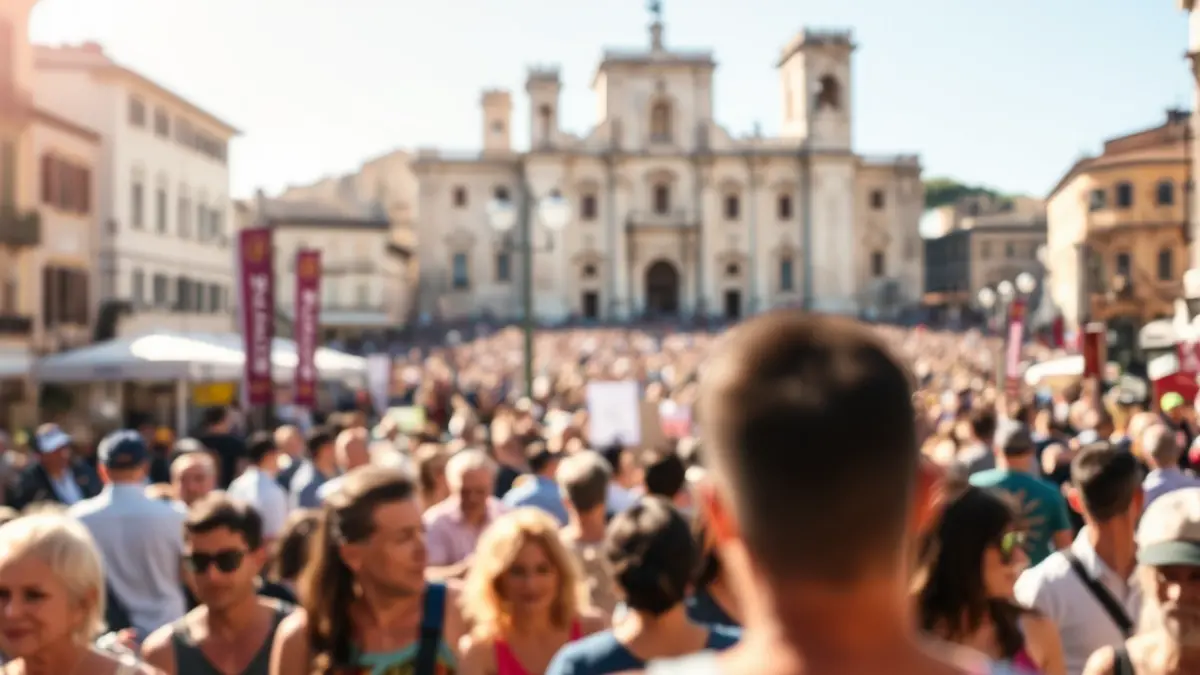 Image of a modernist fair with people walking through city streets.