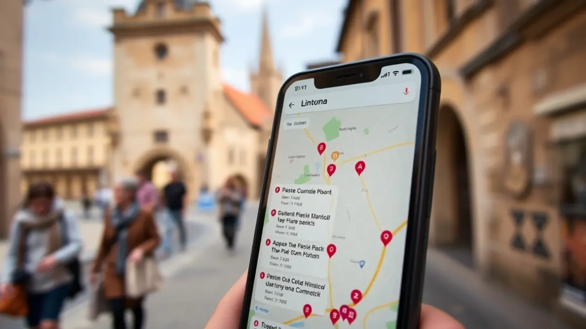 Imatge genèrica d'un telèfon mòbil mostrant un mapa amb punts d'interès en una ciutat històrica.