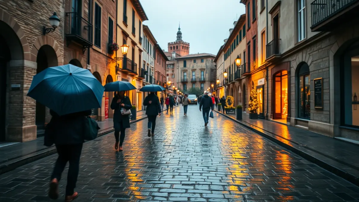 Imagen de una calle empedrada con gente y paraguas, con edificios históricos al fondo, sugiriendo un ambiente festivo bajo la lluvia.