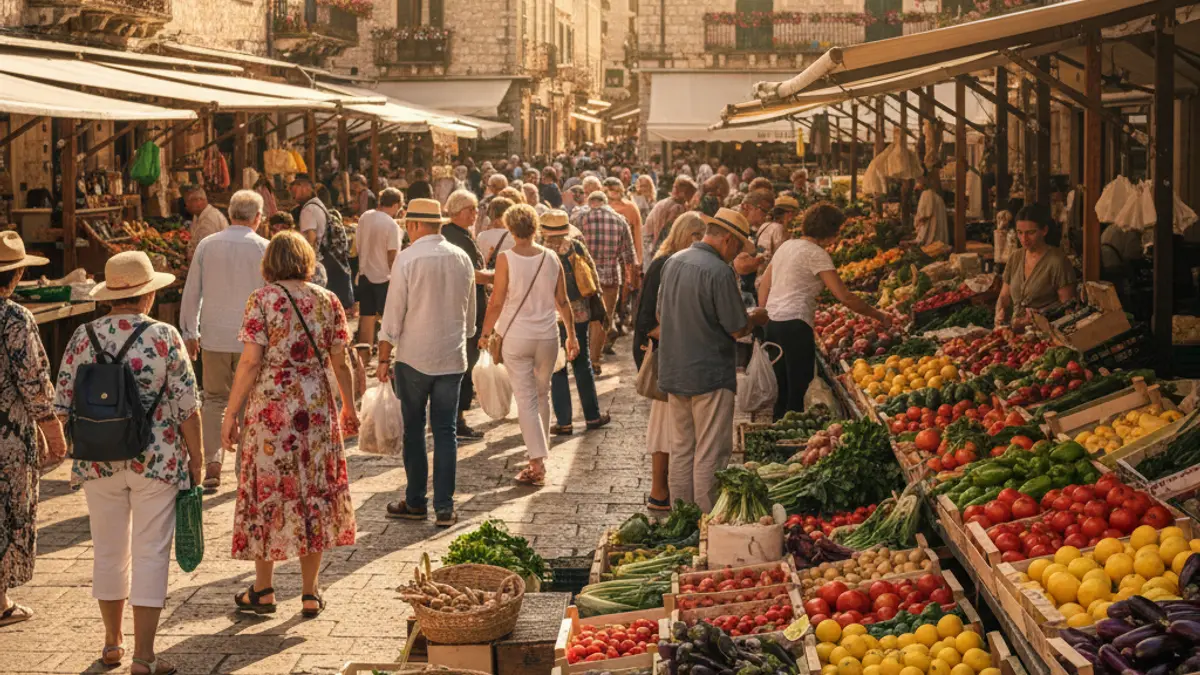 Imagen de un mercado al aire libre con productos frescos y gente paseando.