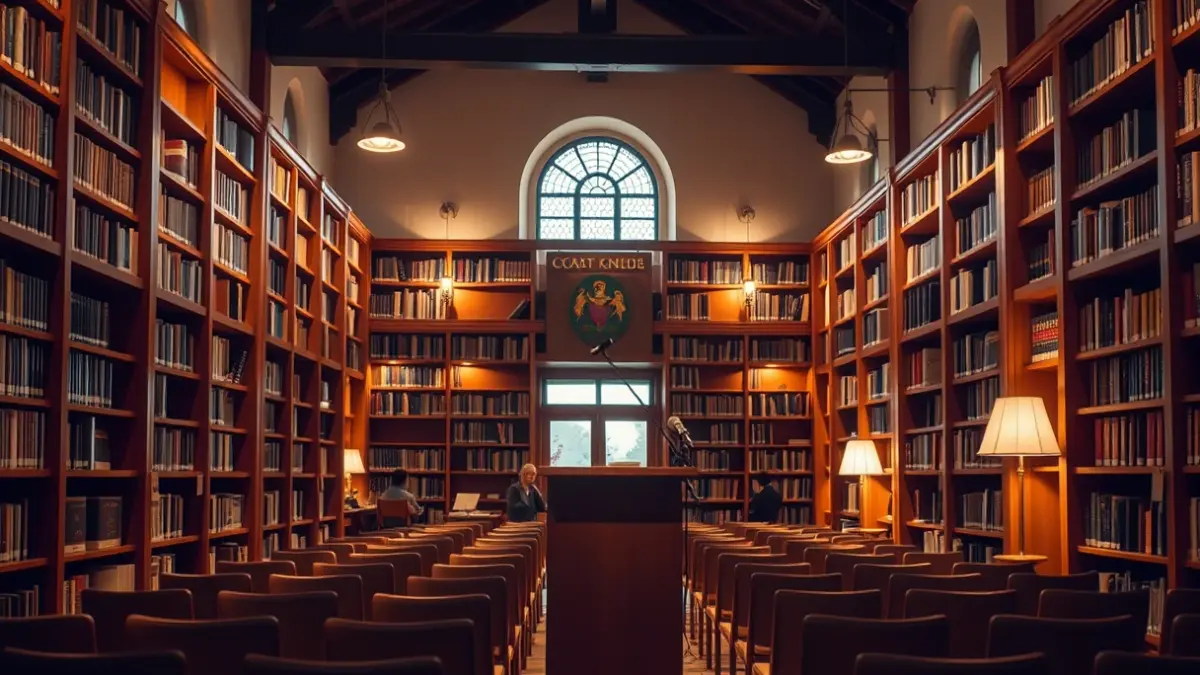 Imagen genérica de una sala de conferencias o biblioteca con un podio y sillas vacías.
