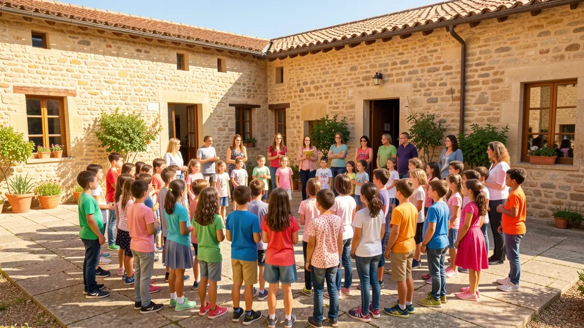 Imatge genèrica d'un grup d'infants i professors en una celebració escolar a l'aire lliure.