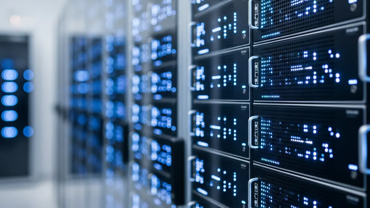 Generic image of a data center with servers and blinking lights.