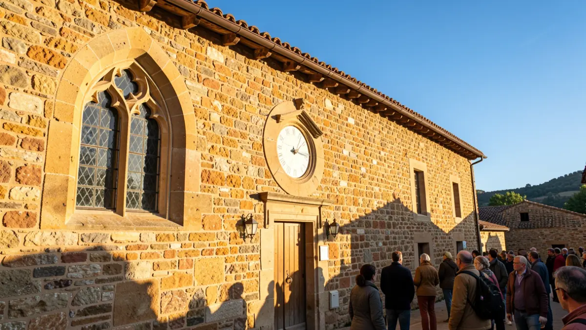 Facade of a Catalan farmhouse with a gothic window and a sundial.