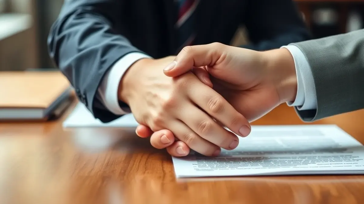Generic image of two hands shaking over a desk, symbolizing agreement or mediation.