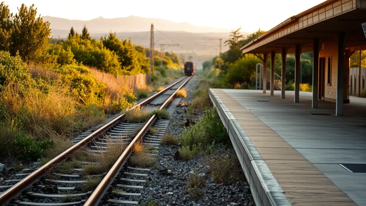 Imatge d'una via de tren amb vegetació i una estació en mal estat.