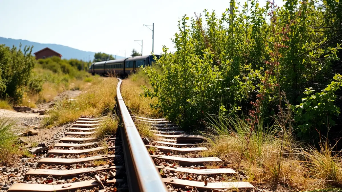 Imatge d'una via de tren amb vegetació alta i brutícia, simbolitzant l'estat de les estacions.