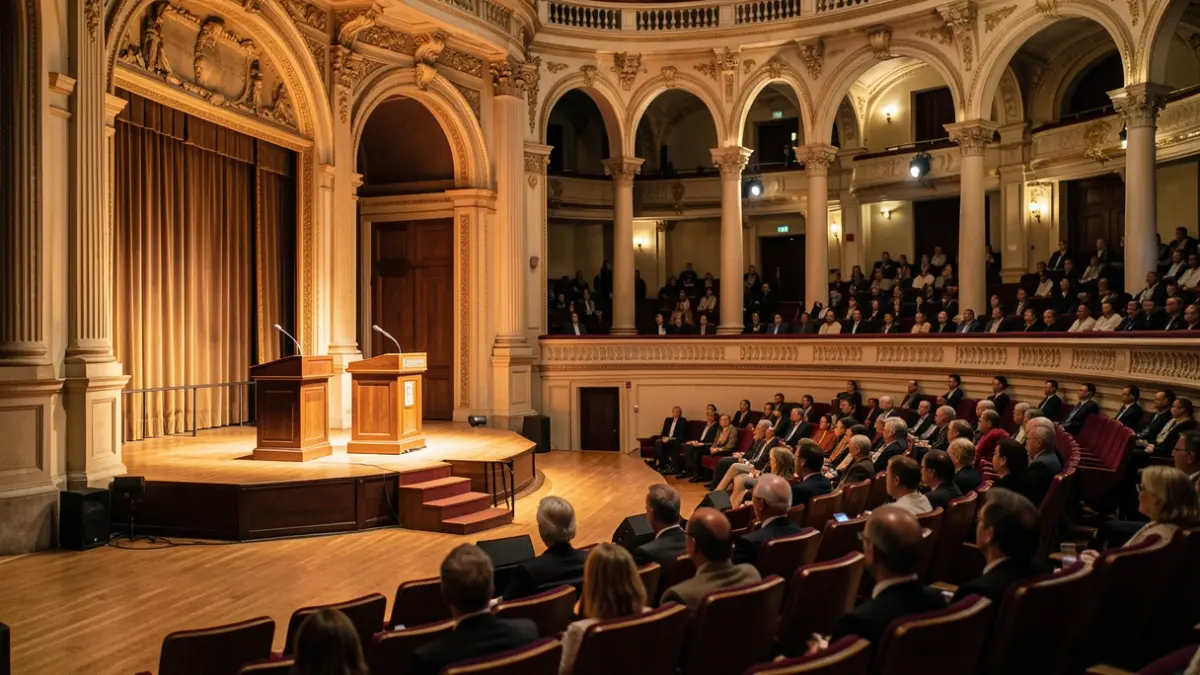 Generic image of a concert hall with a podium and empty seats.