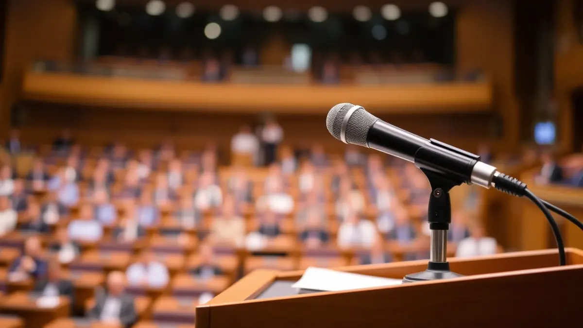 Generic image of a microphone on a parliamentary podium, symbolizing legislative debate.