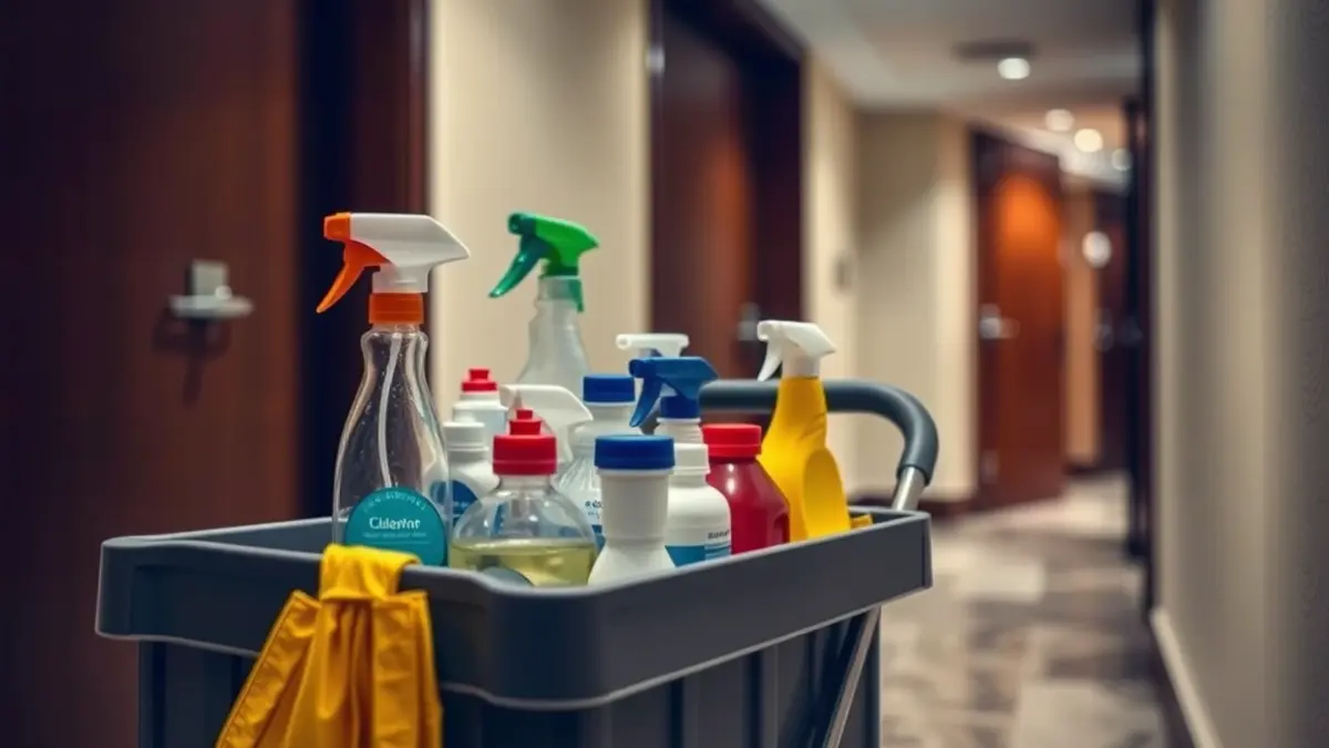 Cleaning cart with products in a hotel corridor, symbolizing the work of housekeepers.