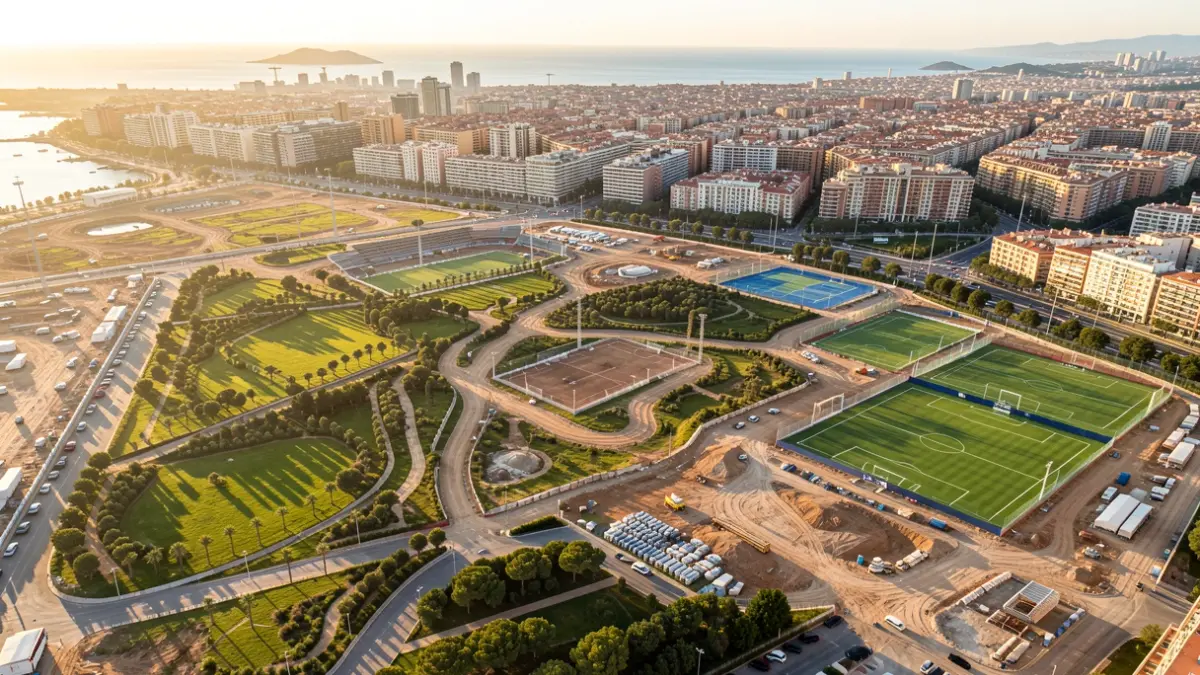Imagen genérica de un gran solar en construcción en Barcelona con instalaciones deportivas.