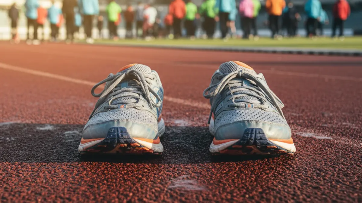 Generic image of running shoes on an athletic track.