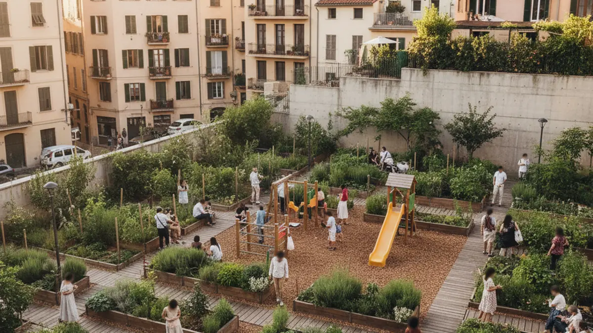 Imatge d'un espai comunitari amb zona verda i jocs infantils en un barri densament poblat.