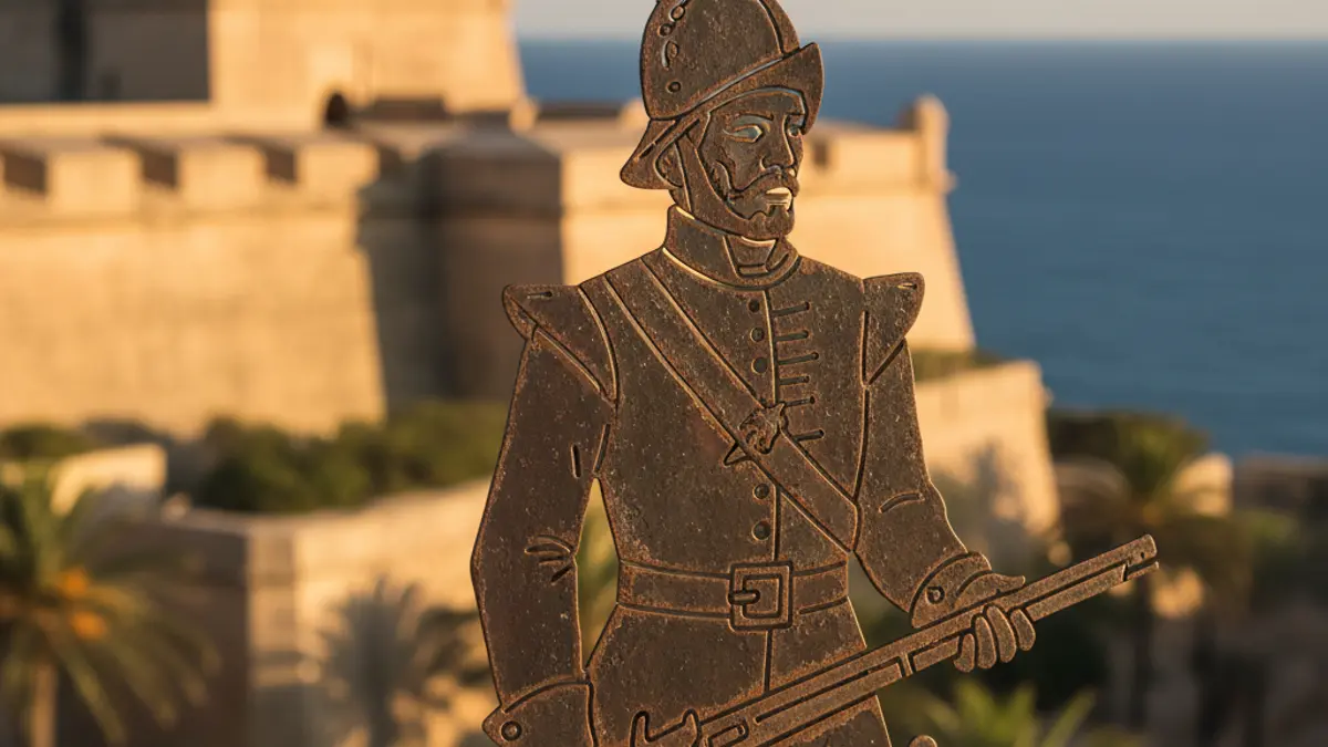 Silueta metálica de un soldado del siglo XVII en unas fortificaciones históricas.