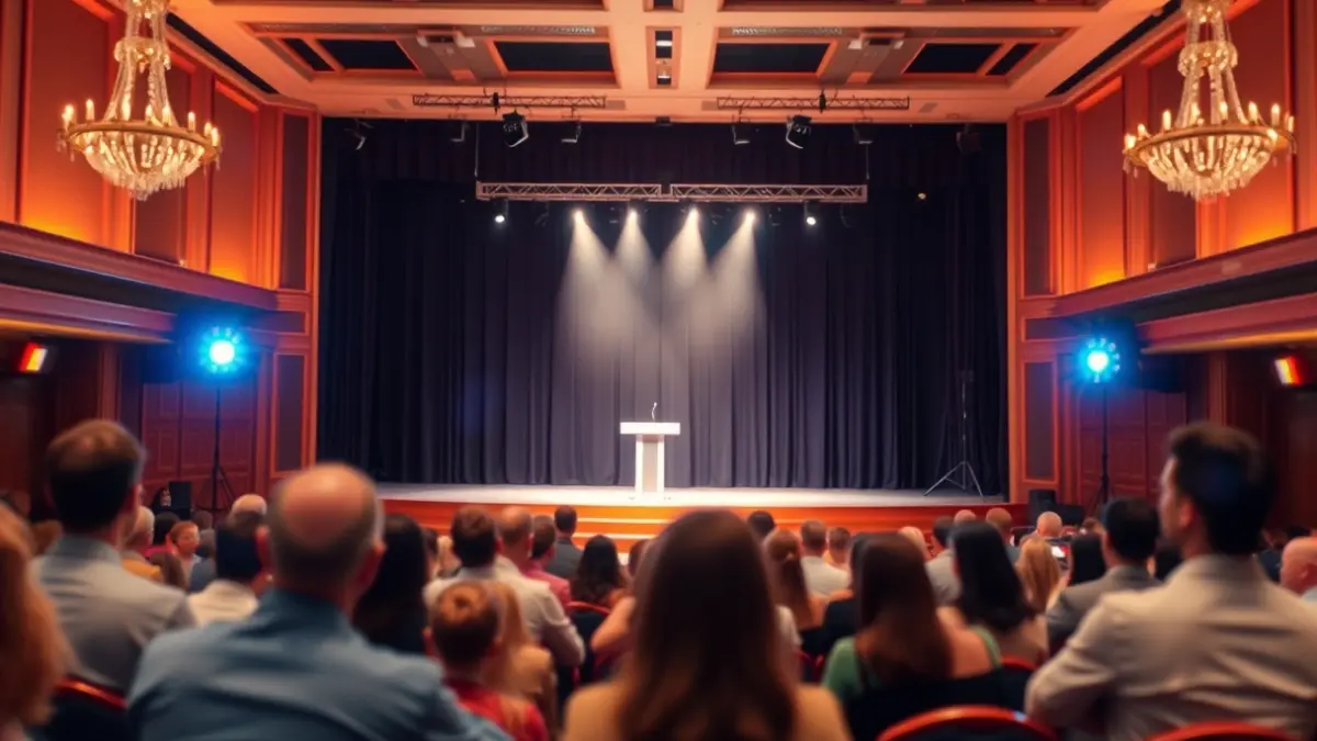 Generic image of an awards gala with an illuminated stage and a blurred audience.