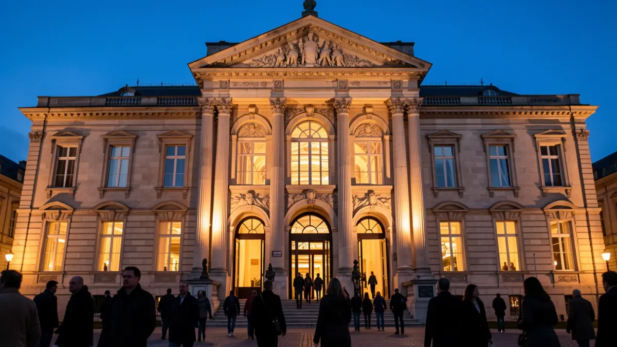 Imatge genèrica d'un museu il·luminat al vespre durant un esdeveniment cultural.