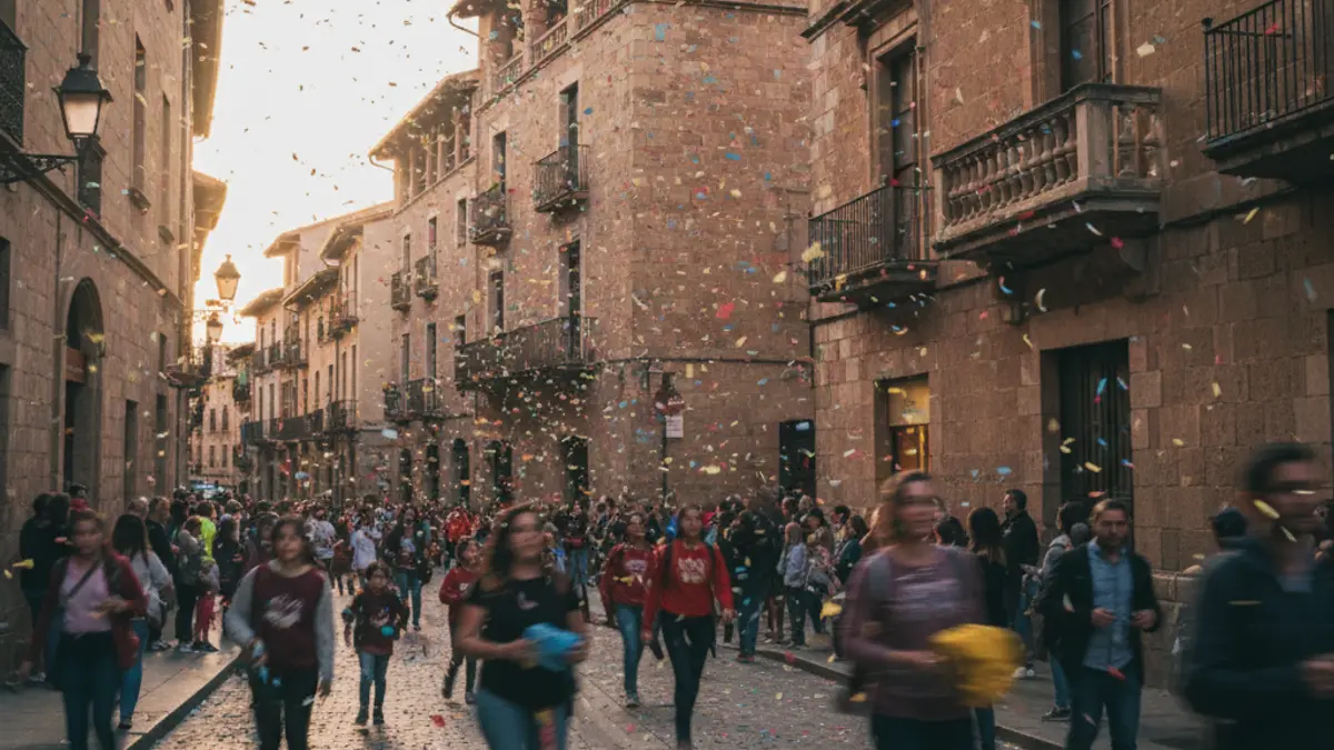 Imagen genérica de un pasacalles festivo con figuras de caballitos y público difuminado.