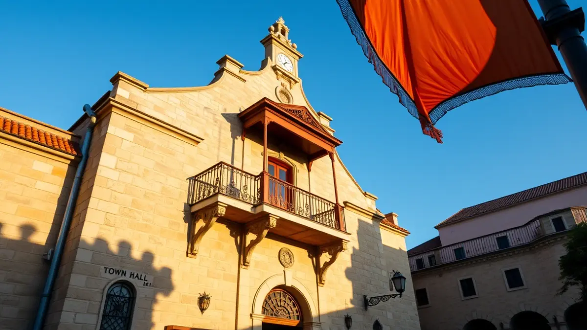 Façana de l'Ajuntament de Berga amb la samarreta de la Patum desplegada