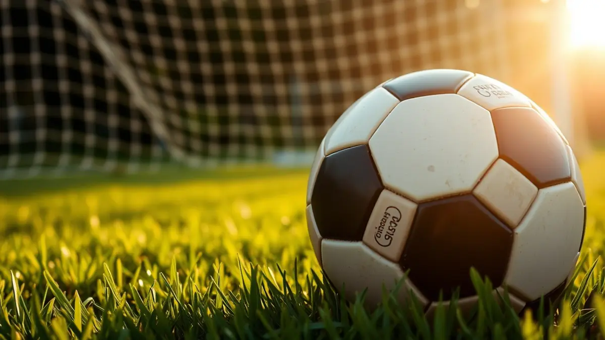 Imatge genèrica d'una pilota de futbol sobre la gespa, amb una porteria desenfocada al fons.