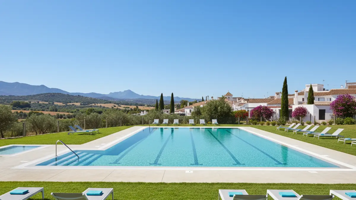 Generic image of a municipal swimming pool with blue water and surrounding grass.