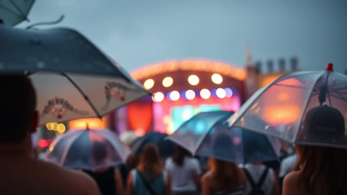 Imagen genérica de un festival de música al aire libre bajo la lluvia.