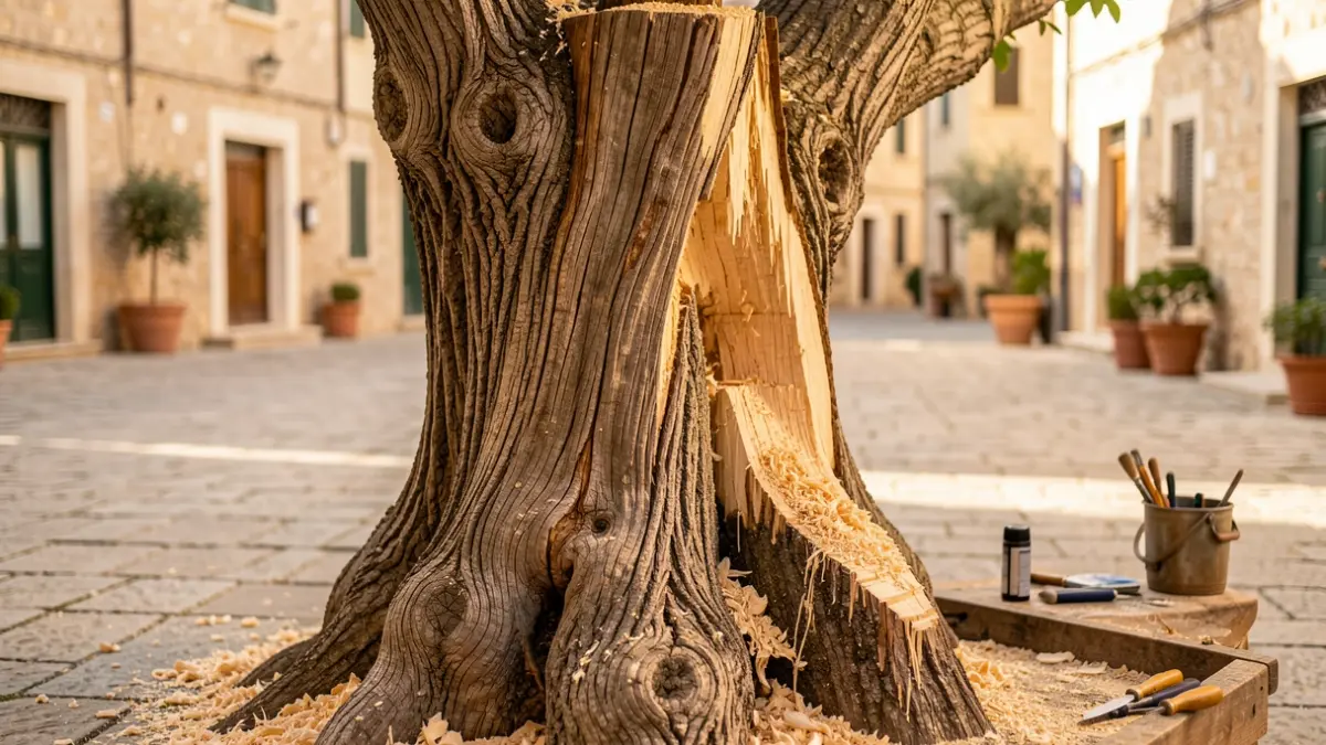 Natural sculpture in progress from an ancient tree trunk in a town square.