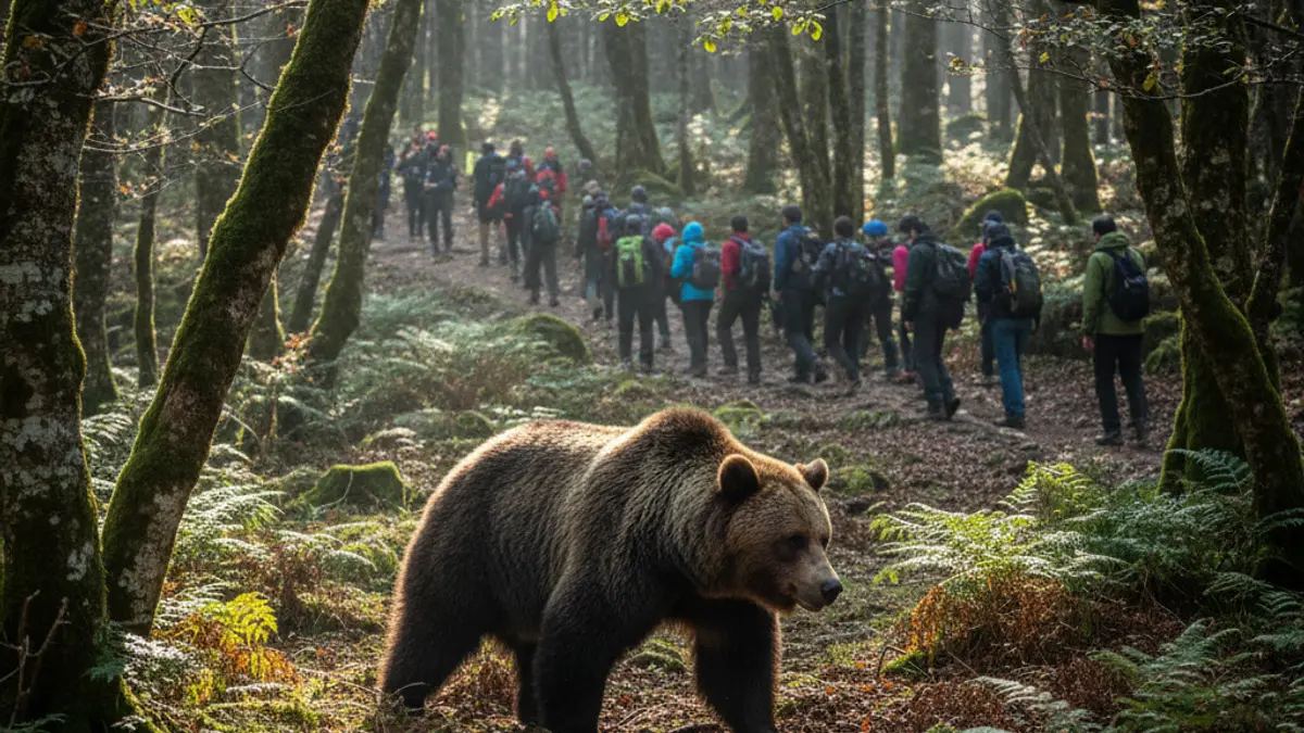 Image of a brown bear in its natural habitat in the Pyrenees.