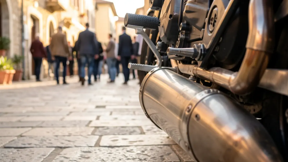 Imatge genèrica d'un tub d'escapament de motocicleta en un entorn urbà.