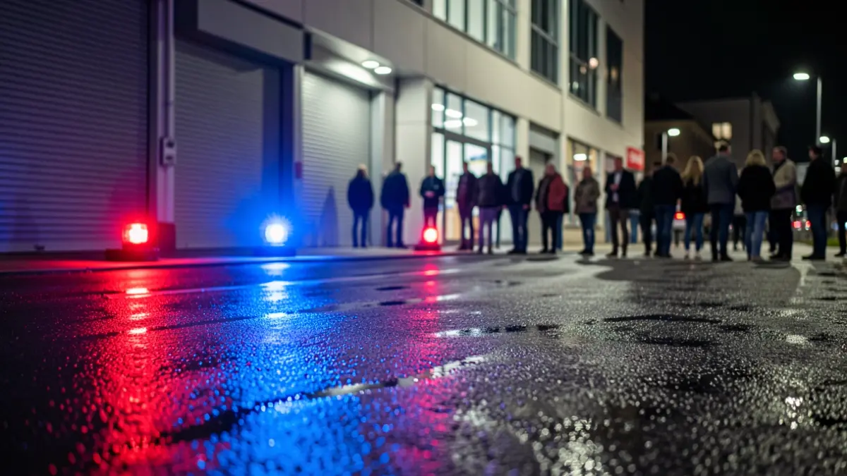 Imatge genèrica de llums d'emergència policials reflectides en un paviment nocturn.