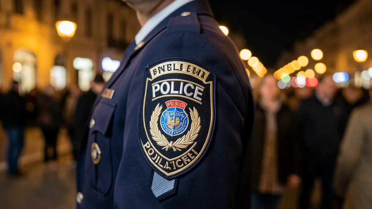 Close-up image of a police badge with blurred city lights in the background.
