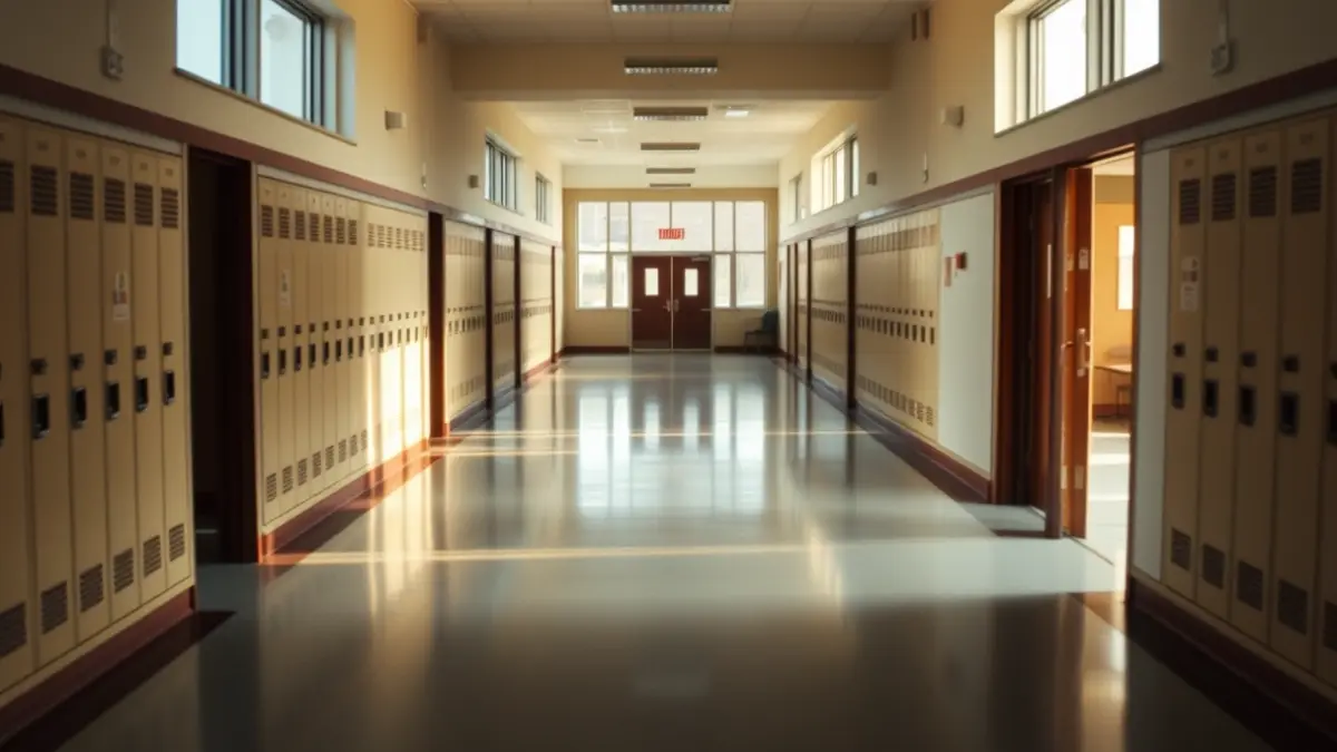 Generic image of an empty high school hallway with lockers.