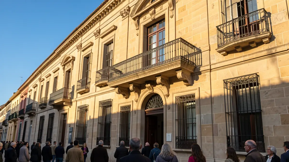 Stone facade of a town hall with a balcony and iron railings, warm afternoon light.