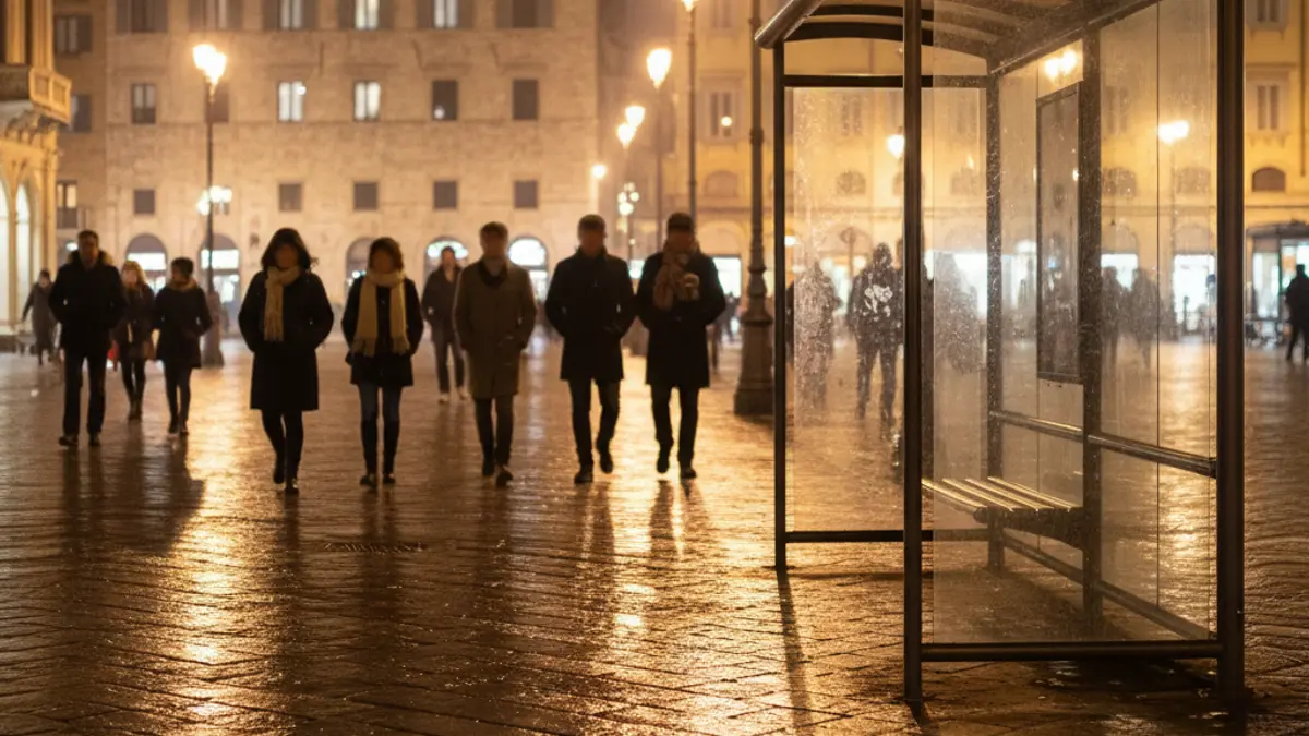Generic image of an empty bus stop at night in a Mediterranean city.