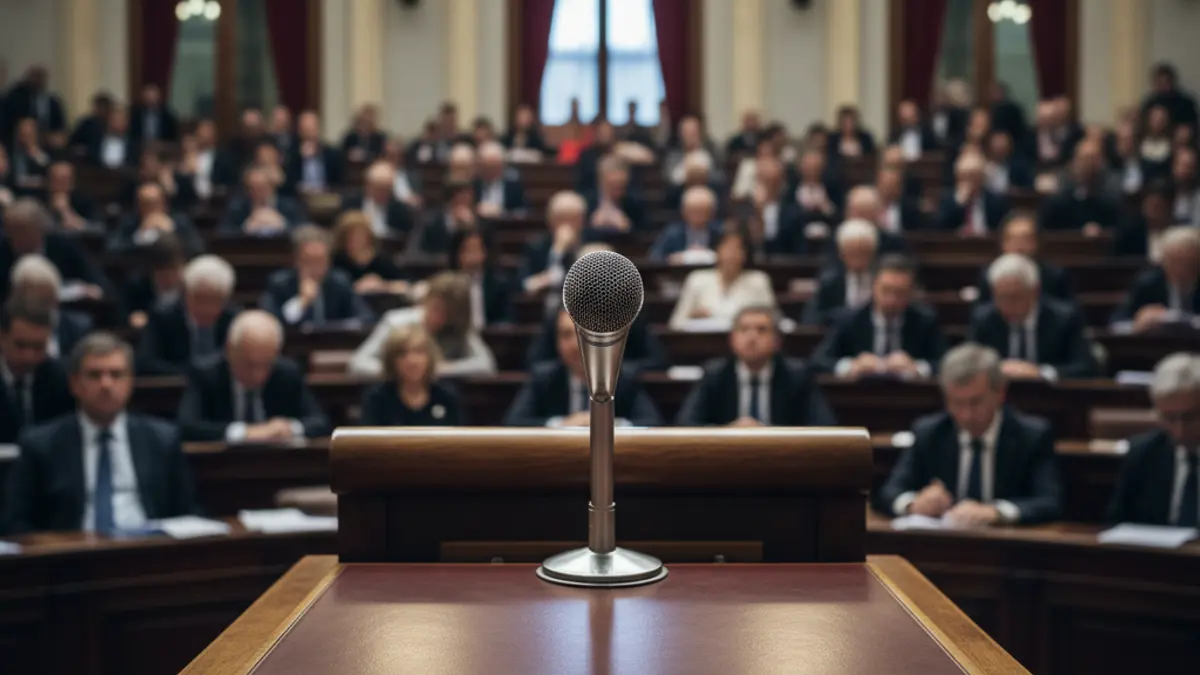 Generic image of a microphone on a podium, symbolizing political debate.