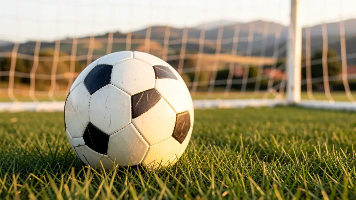 Generic image of a soccer ball on grass with a blurred goal net in the background.