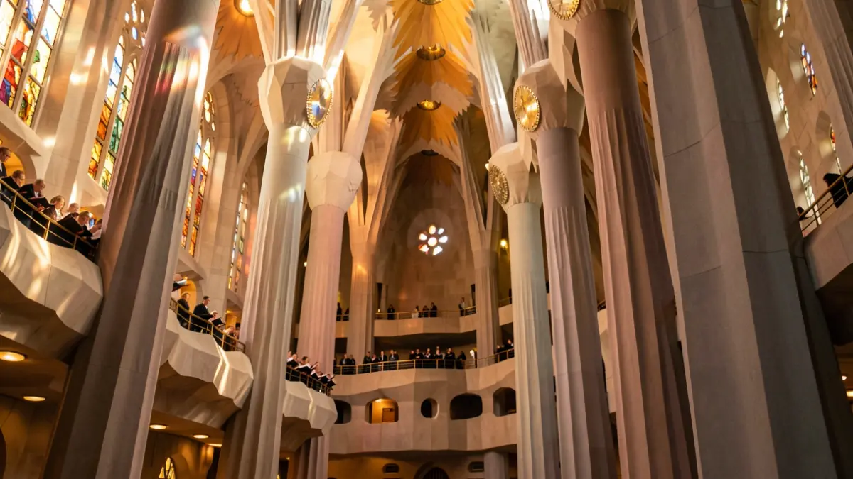 Interior of the Sagrada Familia with choristers in the choir lofts.