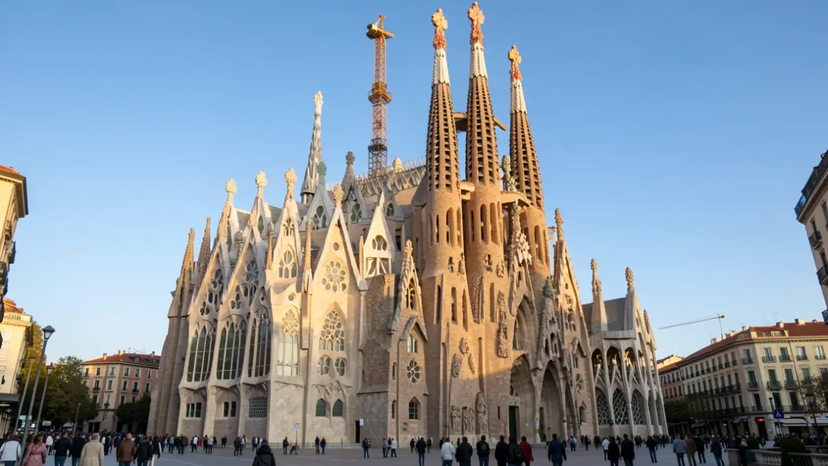 Exterior view of the Sagrada Familia basilica in Barcelona during the day.