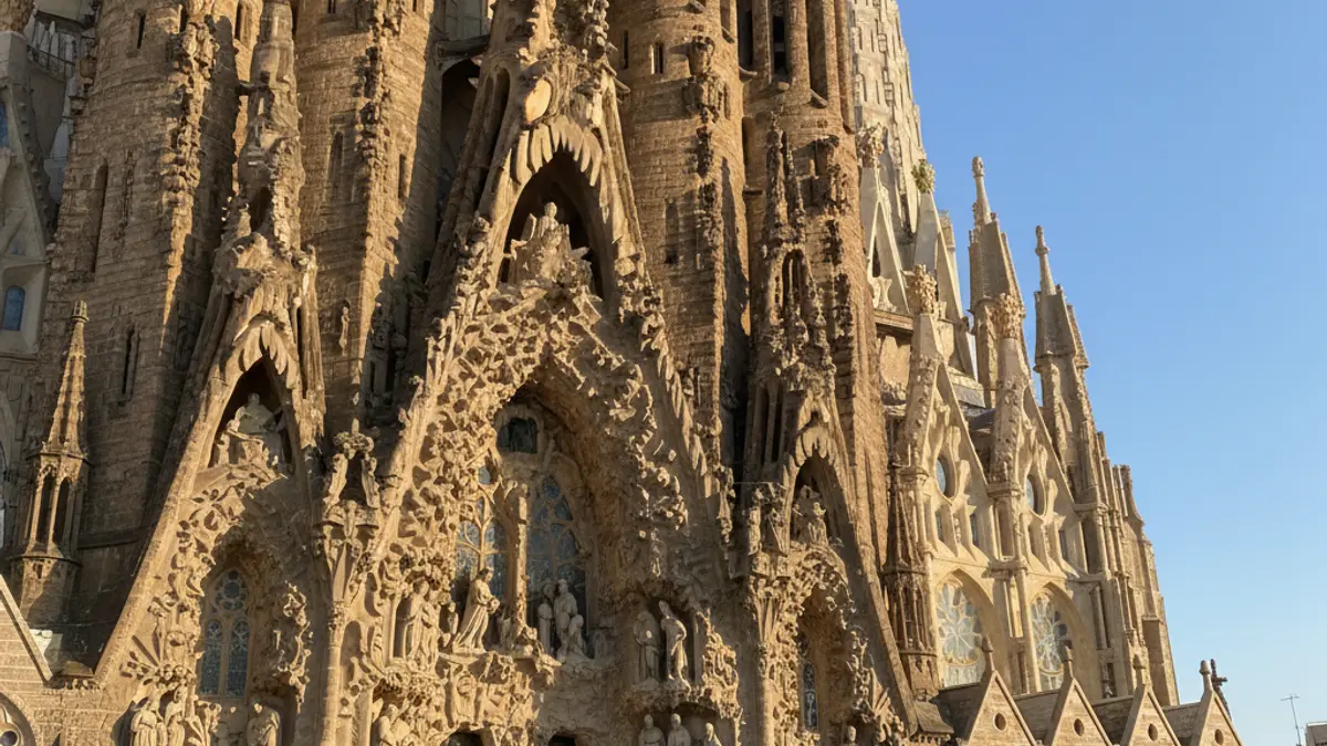 Façana detallada de la Sagrada Família sota la llum del sol.