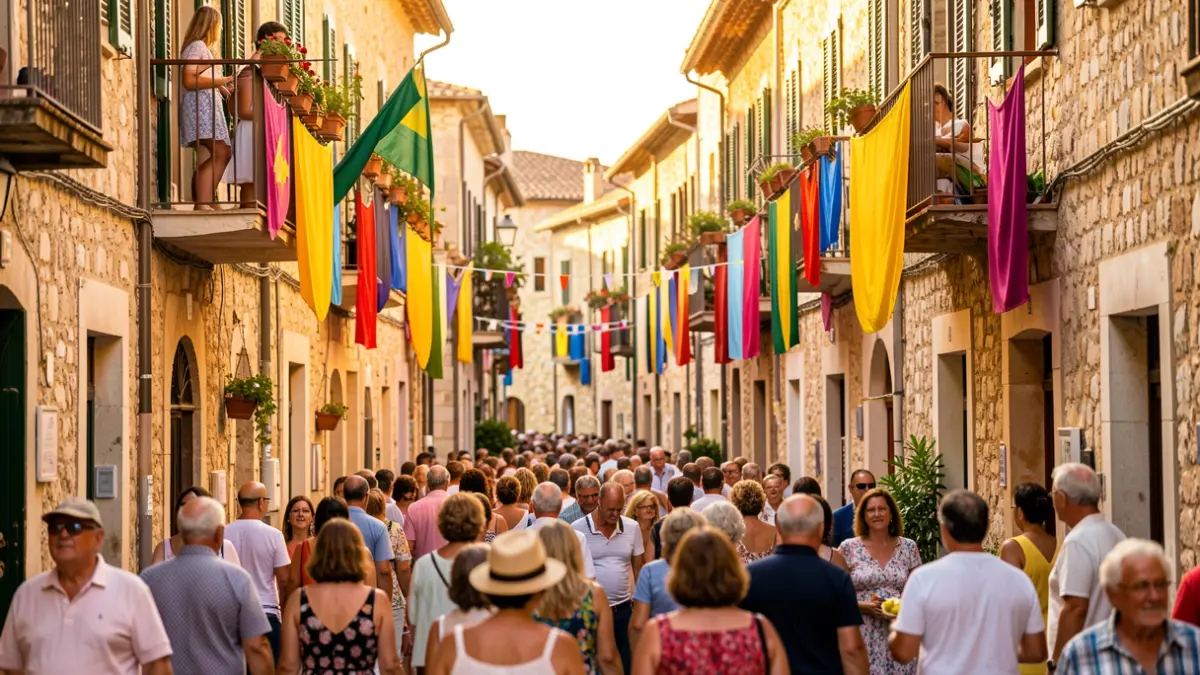 Imatge genèrica d'una festa major d'estiu a un poble mediterrani amb domassos als balcons.