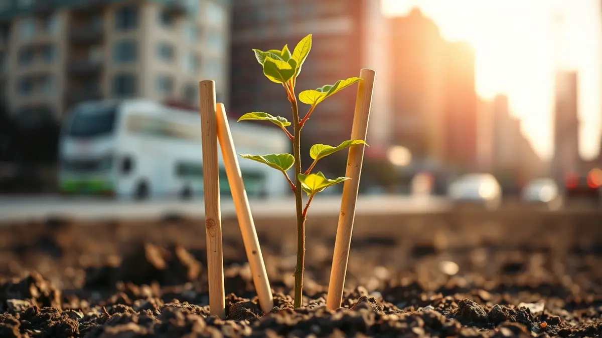 Imatge genèrica d'un arbre jove plantat en un entorn urbà, amb tutors de fusta.
