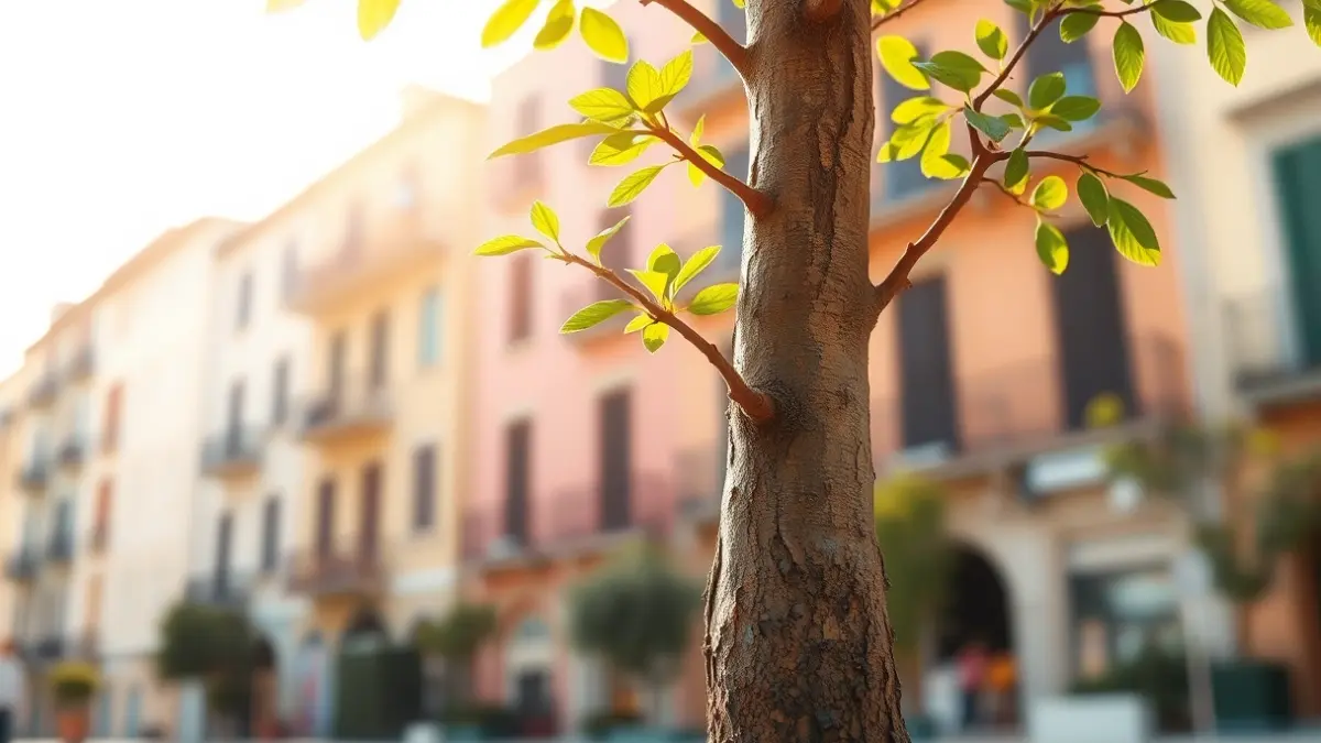 Imatge d'un arbre jove amb un tronc gruixut en un entorn urbà, simbolitzant la reforestació.