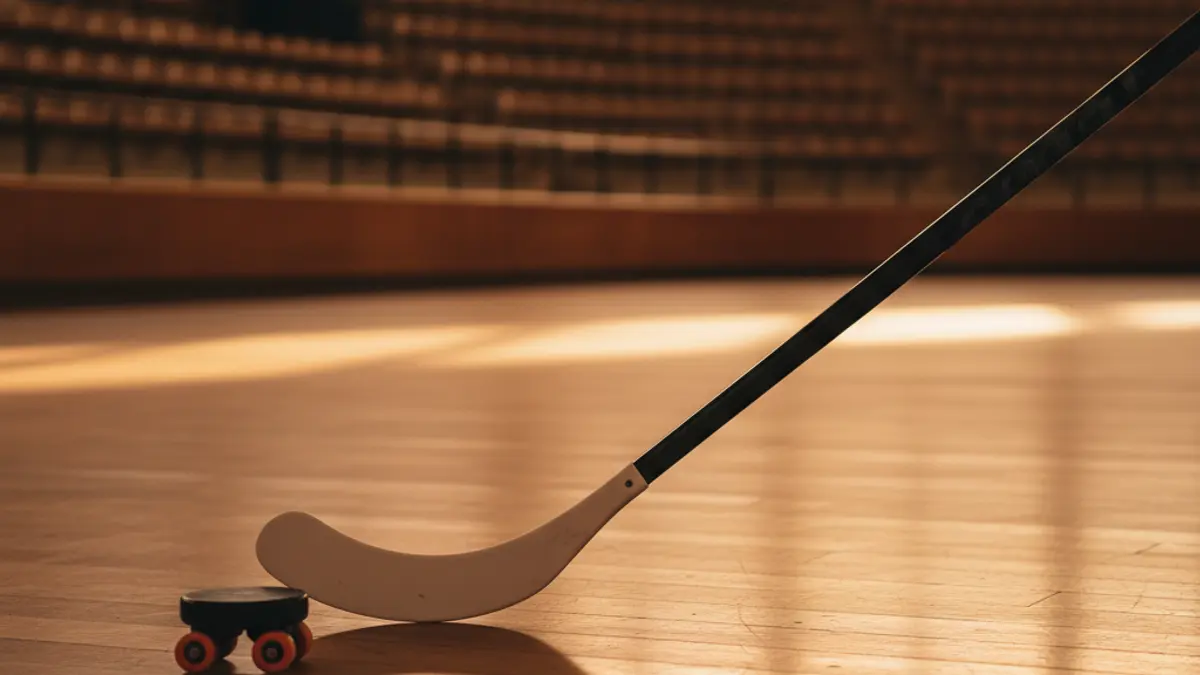 Imagen genérica de un stick y una bola de hockey patines en una pista.