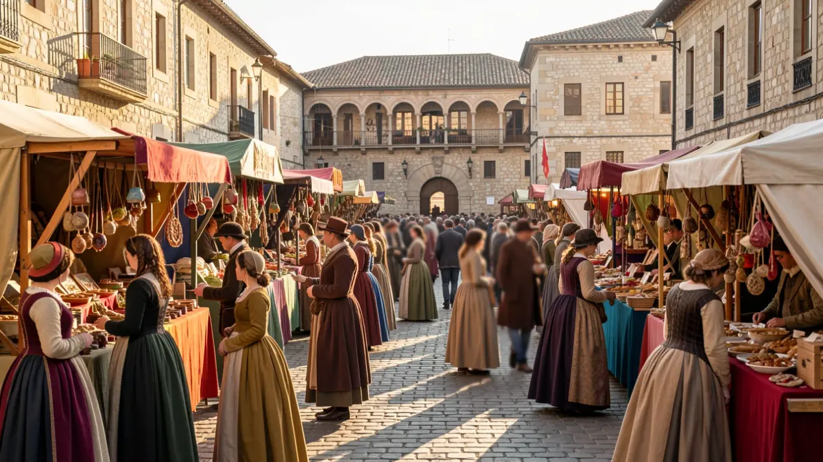 Imagen genérica de una feria medieval con puestos y gente.