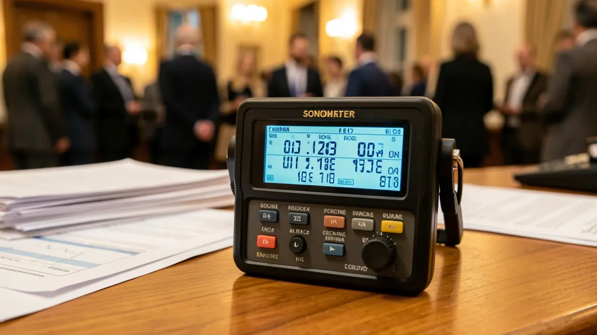 Professional sound measuring device (sonometer) with a digital display.