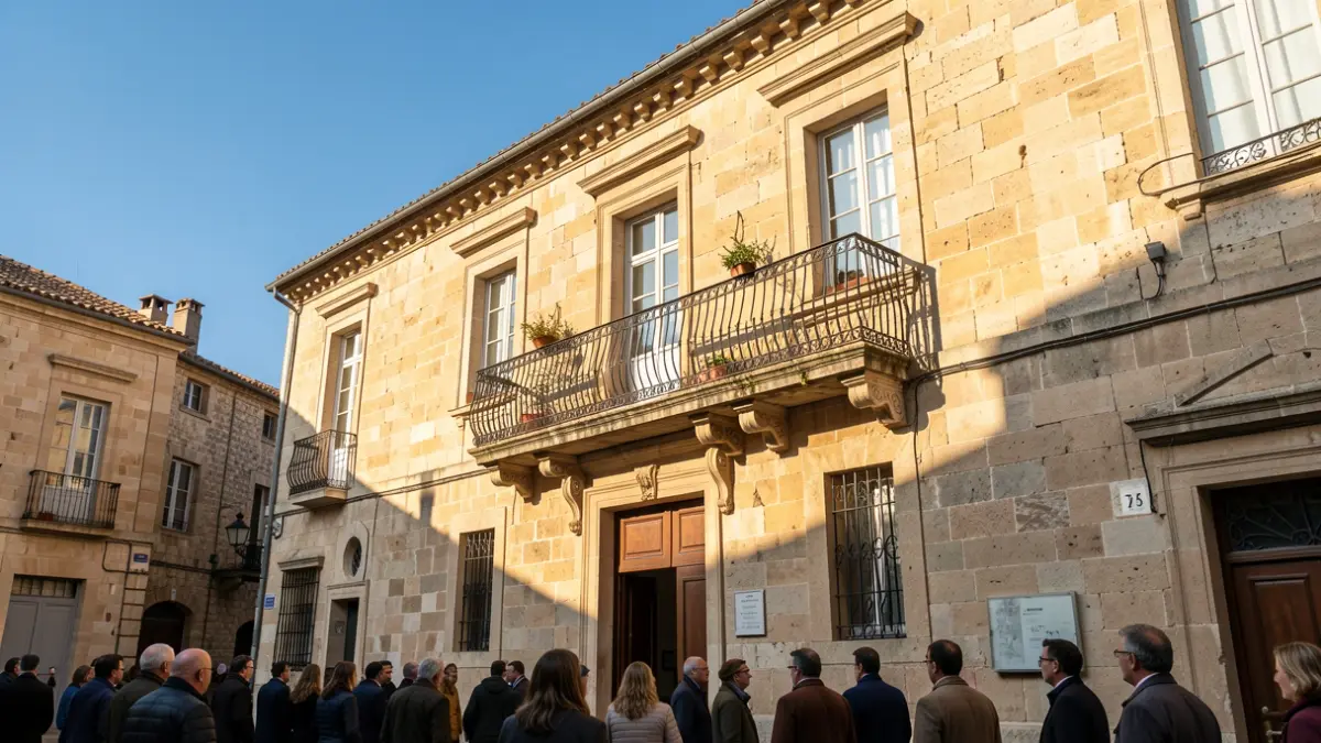 Generic image of a town hall facade with a balcony and iron railings, warm afternoon light, and blue sky.