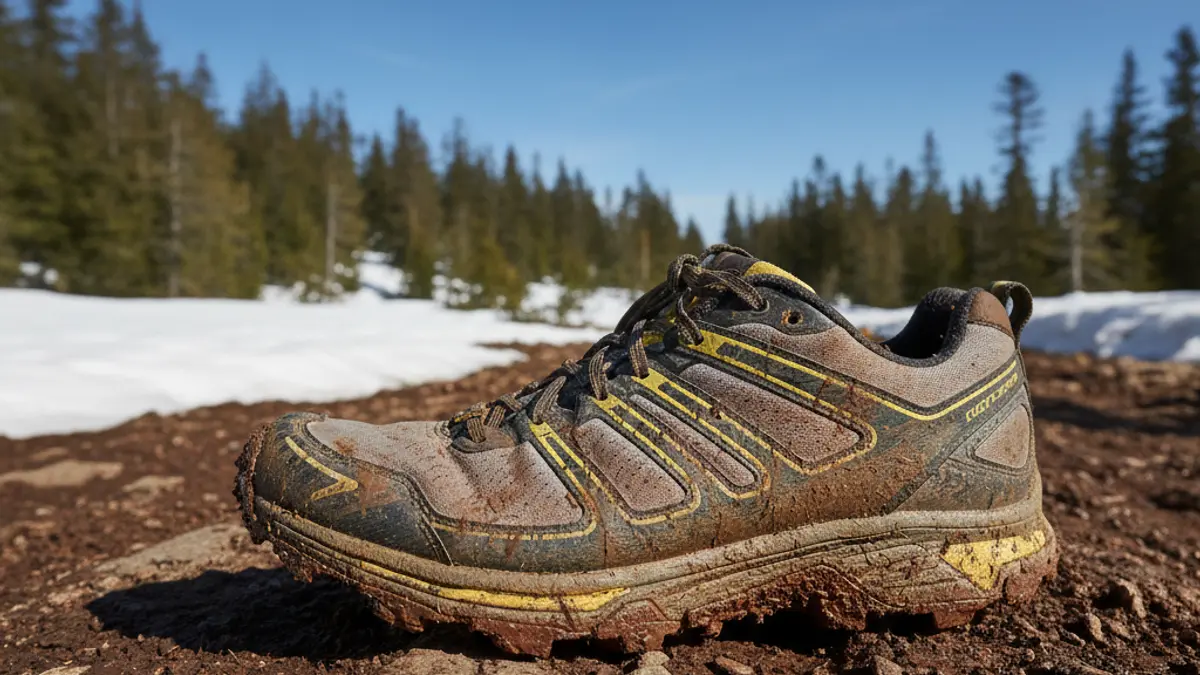 Imatge genèrica d'una sabatilla de trail running en un camí de muntanya amb neu.